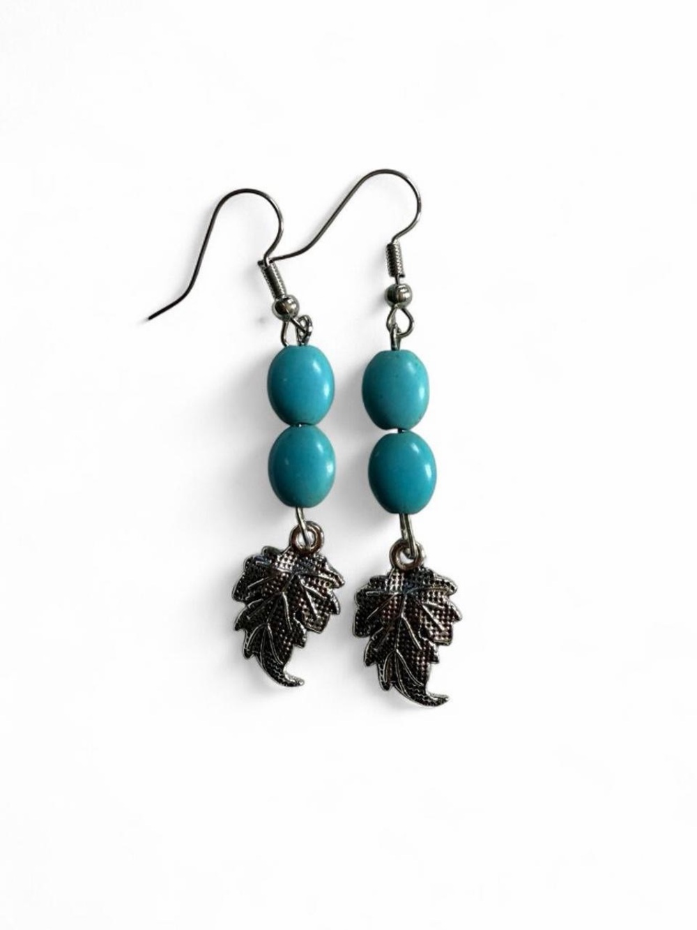 Handmade Turquoise Bead & Leaf Dangle Earrings